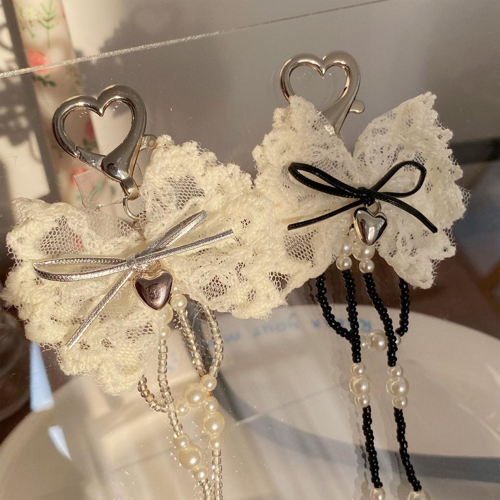 Elegant Pearls Lace Heart Keychain With Bowknot Charm And Tassels For Women Fashion Key HolderJewelry Gift
