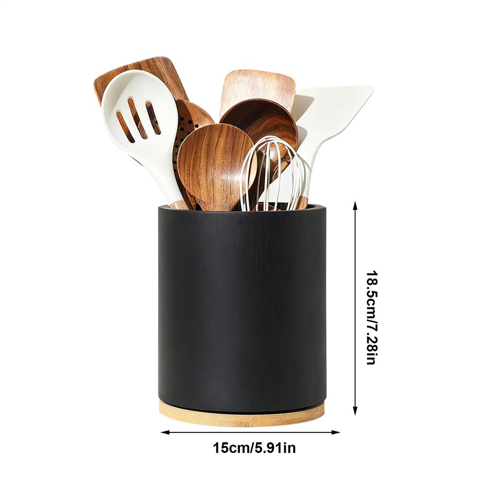 

Utensil Holder For Kitchen Counter 360 Rotating Forks Crock Container Wood Organizer Storage Rack Cooking Silverware For Spoon чорний