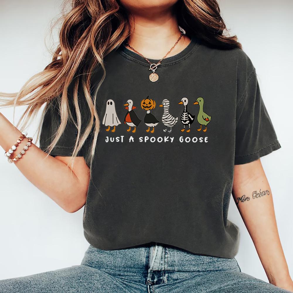 Just A Spooky Goose T-shirt Funny Halloween Goose T Shirt Women Short Sleeve Graphic Tees Spooky Season Tshirt Halloween Gift