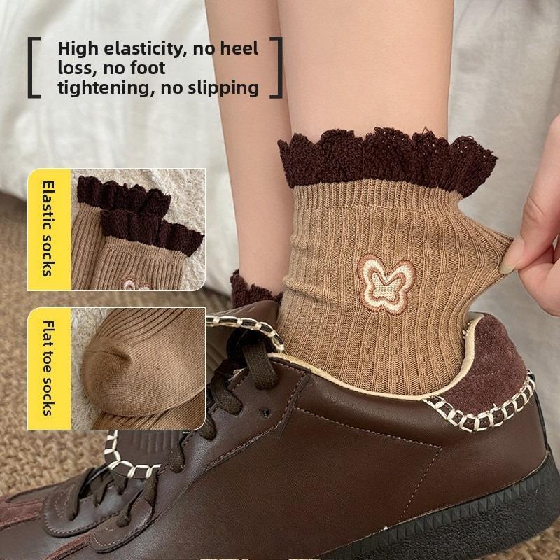 Coffee-colored Socks - Spring and Autumn Puppy Candy Lace Piled Socks for Women, Mid-length Women's Socks
