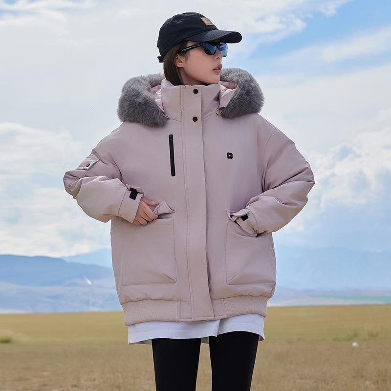 Big fur collar down cotton clothes women's short loose thickened large pocket tooling hooded jacket