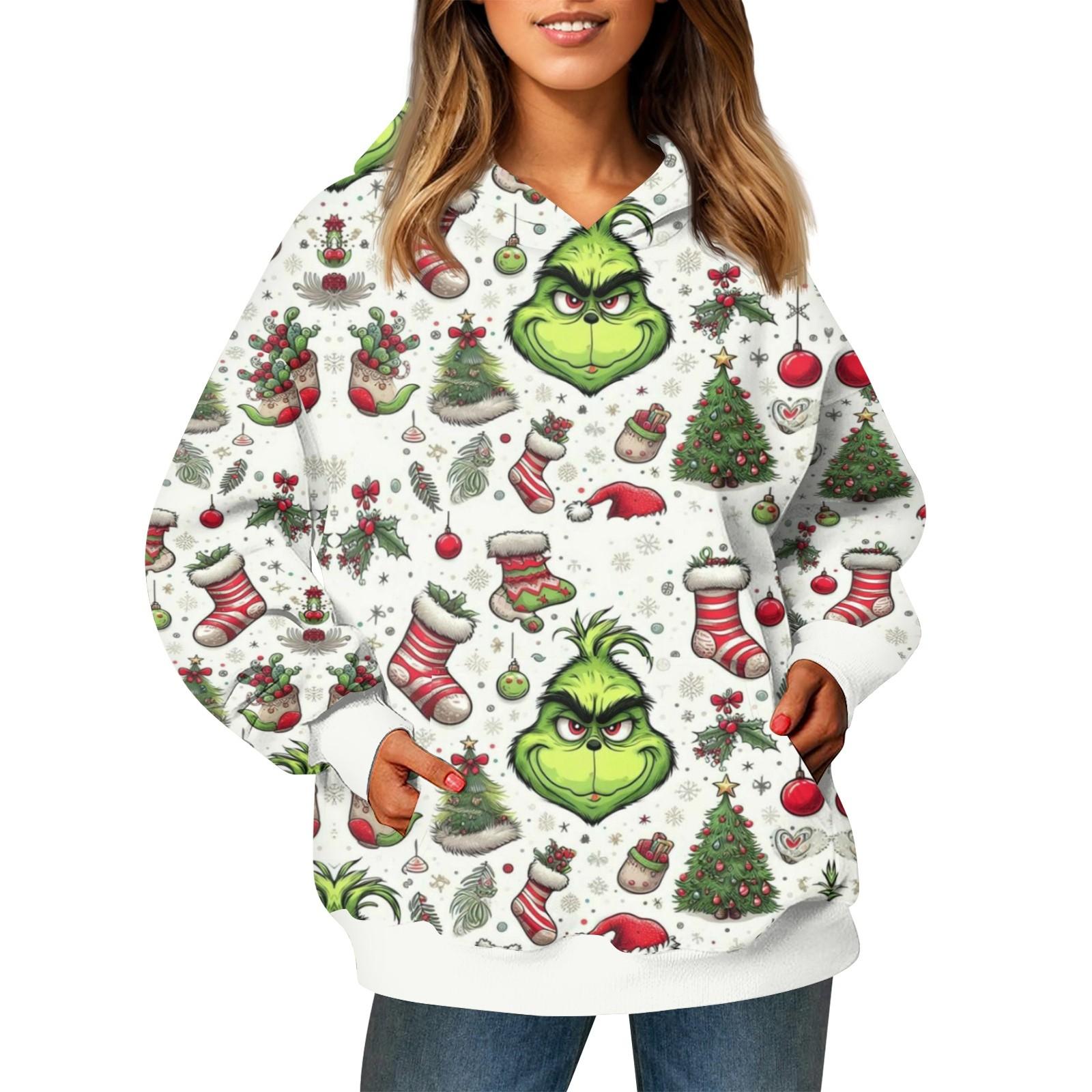 

Женский модный свитер с длинными рукавами и рождественским принтом, с капюшоном и карманом L белый