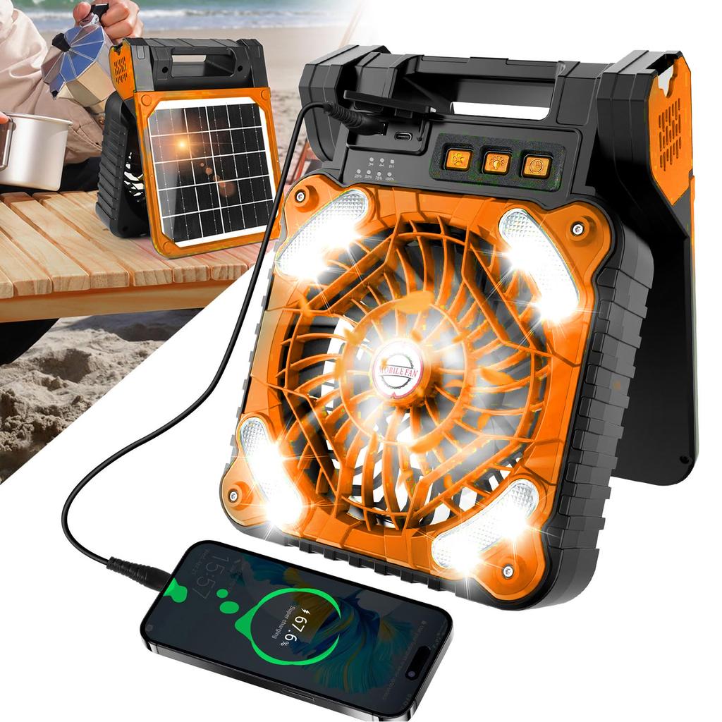 Solar Fan 5200MAH Type C Charging 4 Speed   Brushless Motor 4.5mCelsiuss Low Noise LED Timer Solar Camping Fan for Fishing Outdoor Activities