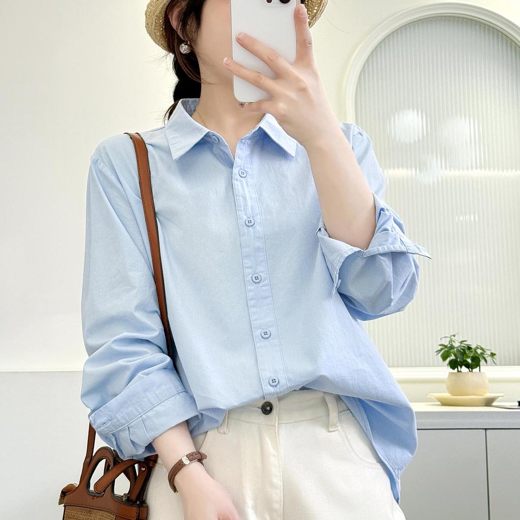 Women's Candy Color Long Sleeve Cotton Shirt - Minimalist, Versatile, and Slimming Design