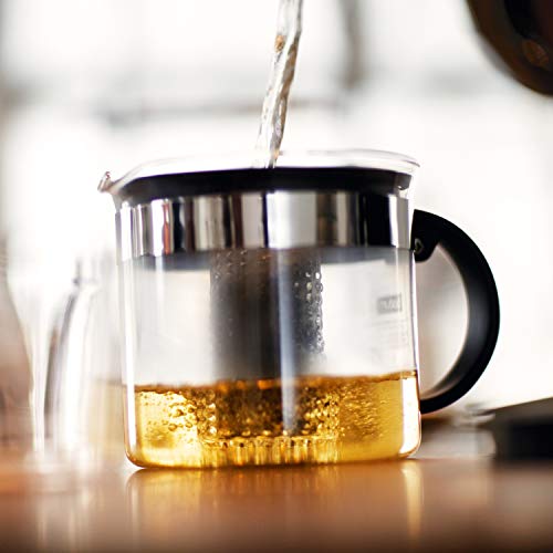 BODUM Bistro Nouveau Teapot, 1000ml, Black. Suitable for black tea, green tea, Chinese tea, herbal tea, and fruit tea. Includes plastic filter and gla