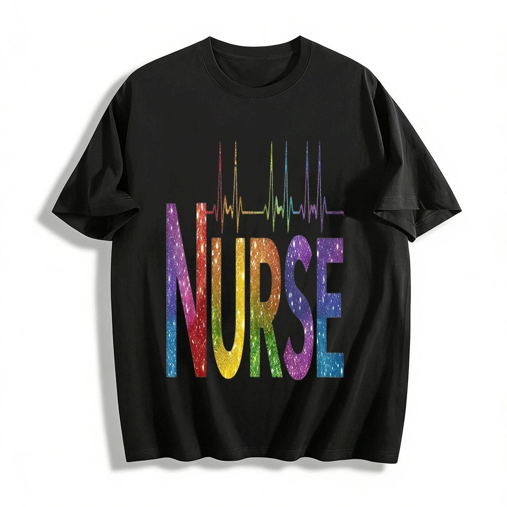 Rainbow Starry ECG NURSE Print Medical Theme Casual Top Pure cotton T-shirt XXS