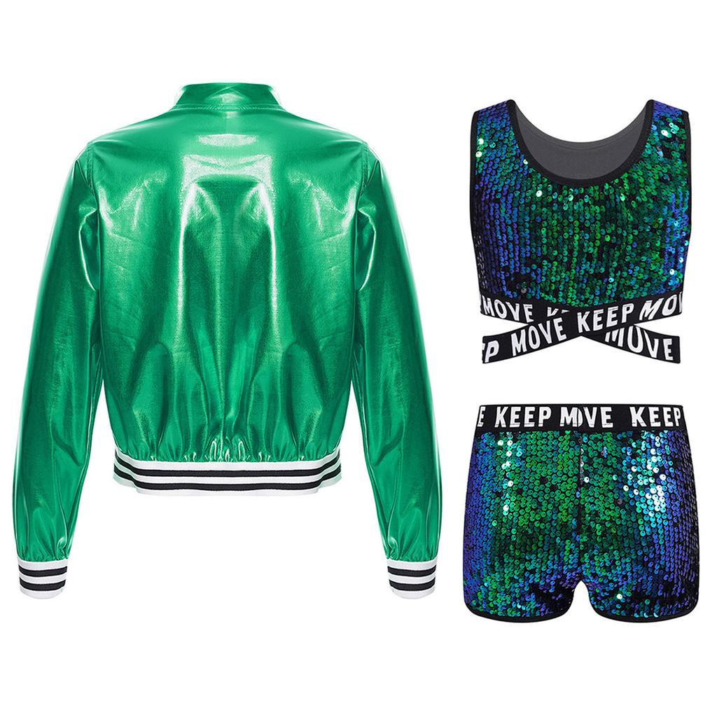 Kids Girls Sparkling Sequined Dance Costume Sleeveless Crisscross Strap Crop Top with Shorts and Metallic Jacket