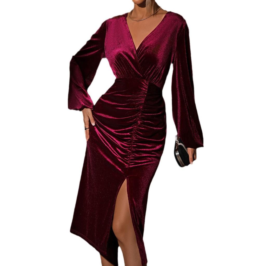 2026 European and American New Evening Dress Sexy Legs Long Sleeves Medium and Long Dress Golden Velvet Dress