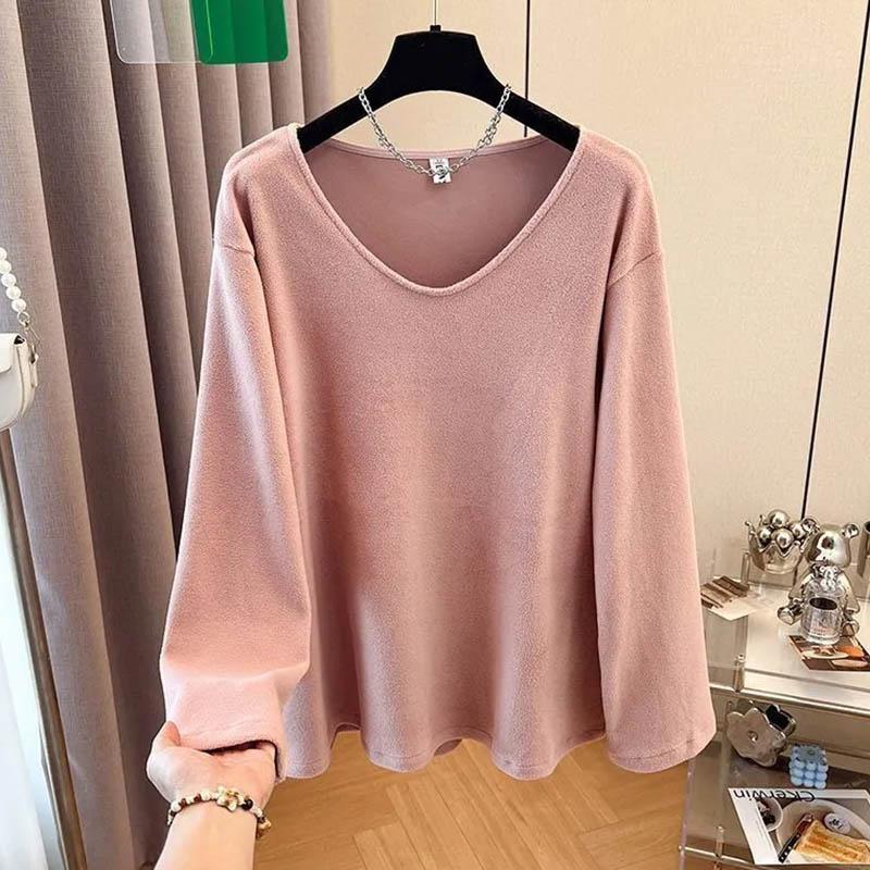 

Женские пуловеры с длинными рукавами, осенне-зимняя хлопковая блузка, оверсайз, удобный эластичный однотонный топ с V-образным вырезом, свободного кроя XXXXL розовый