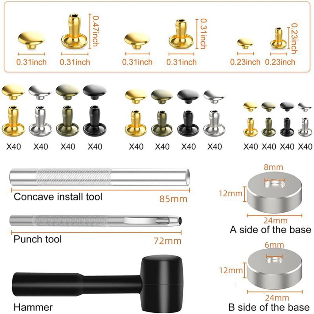480 Sets Leather Rivets Double Caps Rivet Tubular Metal Studs with 3 Setting Tools Hammer for Leather Craft Repair