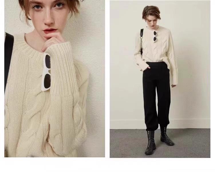 Women's Retro Cable Knit Cashmere Sweater - Thick, Cozy, Round Neck, Loose Fit for Autumn/Winter