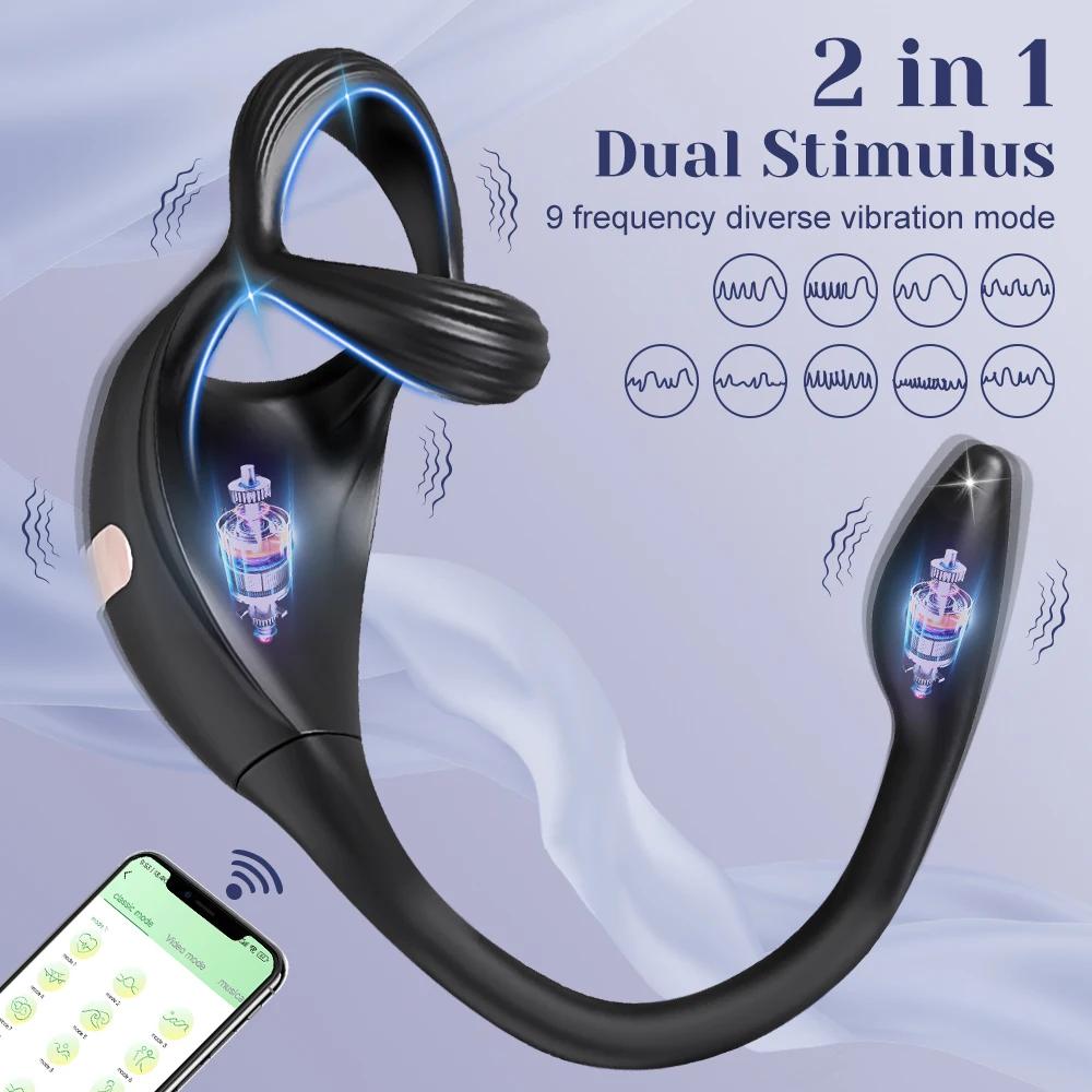 APP Vibrating Cock Ring Taint Stimulator with Mini Prostate Massager  Anal Butt Plug Penis Ring Sex Toys for Men Adult Goods