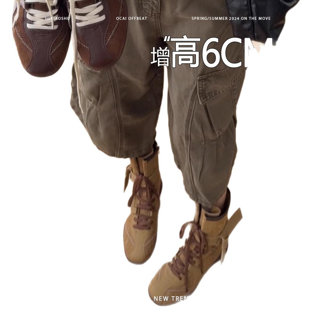 Grape mother inner height increase cm long boots women's small tube circumference muffin thick-soled boots brown belt small knight boots