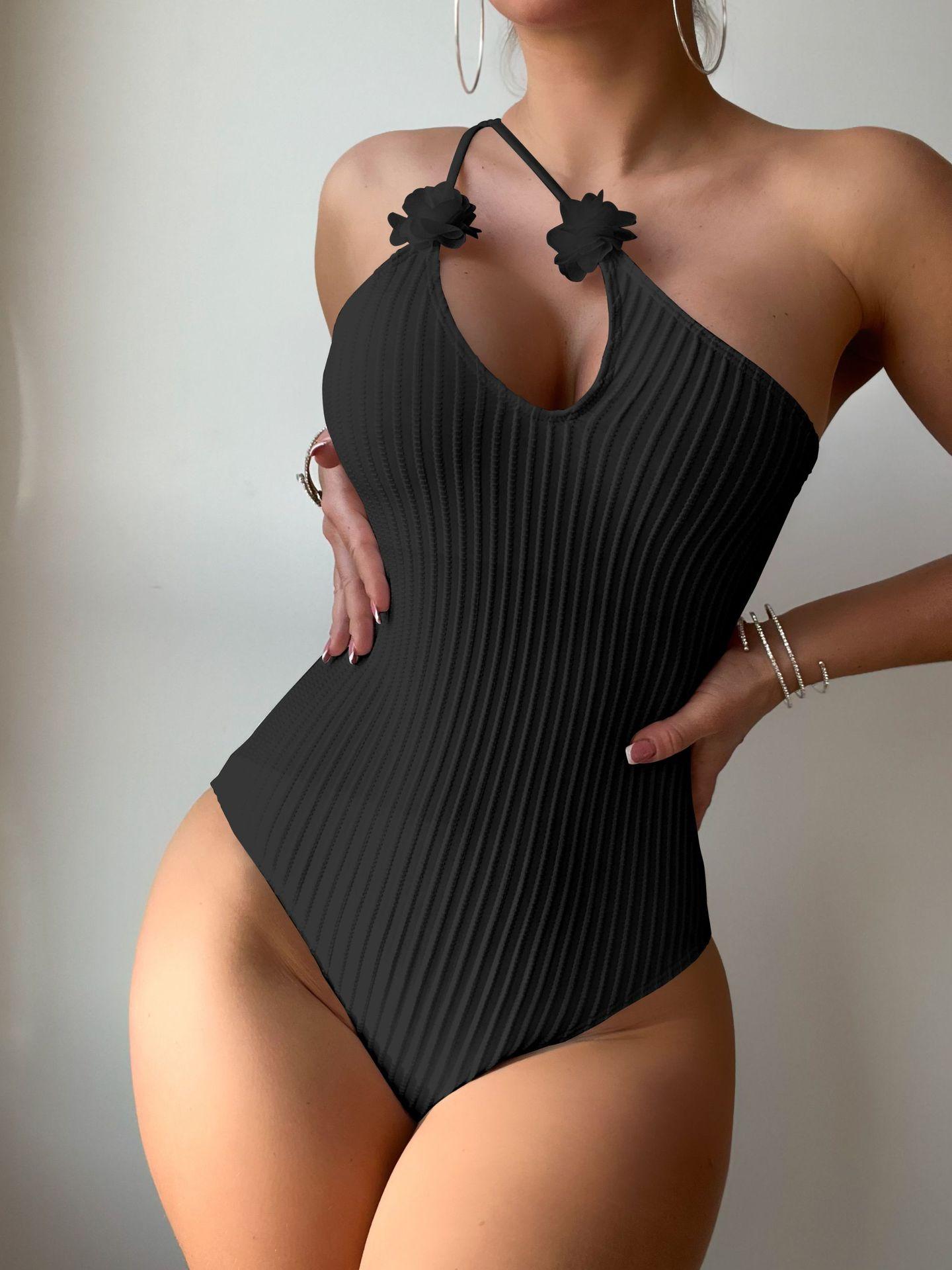 European and American solid color one-piece special fabric small flower one-piece swimsuit bikini bikini S чёрный