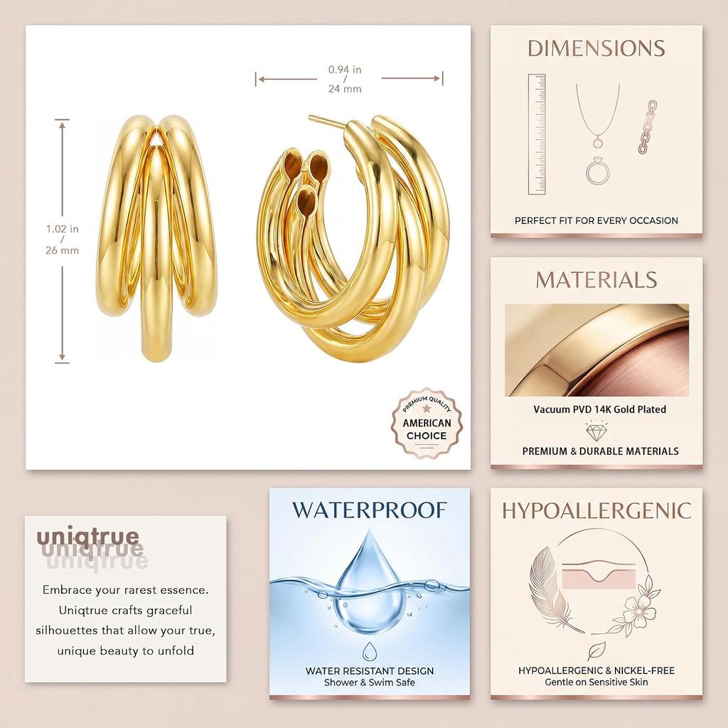 Triple Hoop Earrings for Women Trendy, 14K Gold/Silver Plated Cubic Zirconia Hypoallergenic Hoop Earring Chunky Dainty Minimalist CZ Earring Fashion