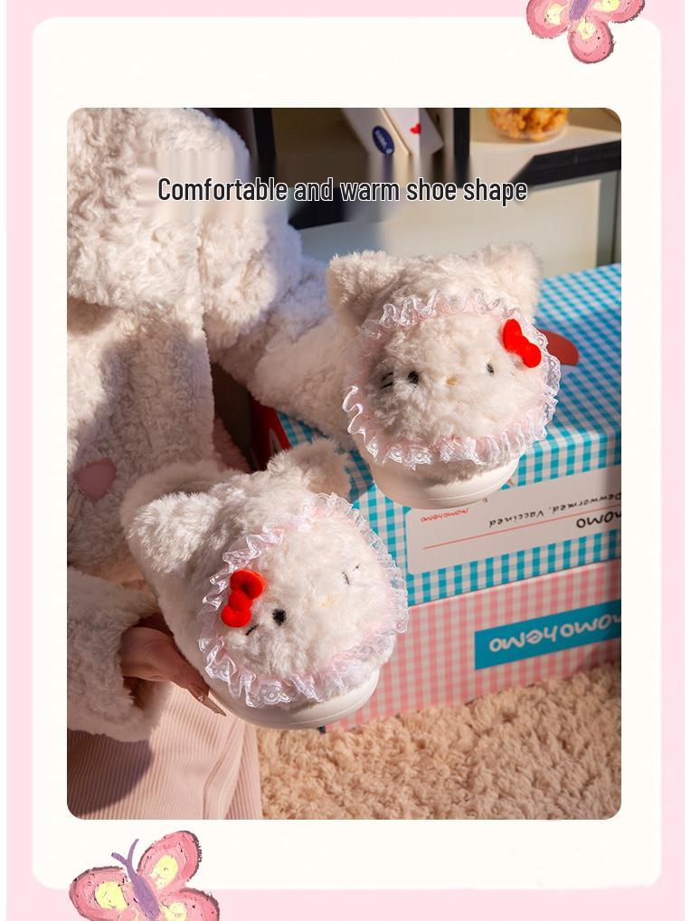 Women’s Cute Cartoon KT Cat Cotton Slippers - Sanrio Furry Plush, Heel-Covered Winter 2025