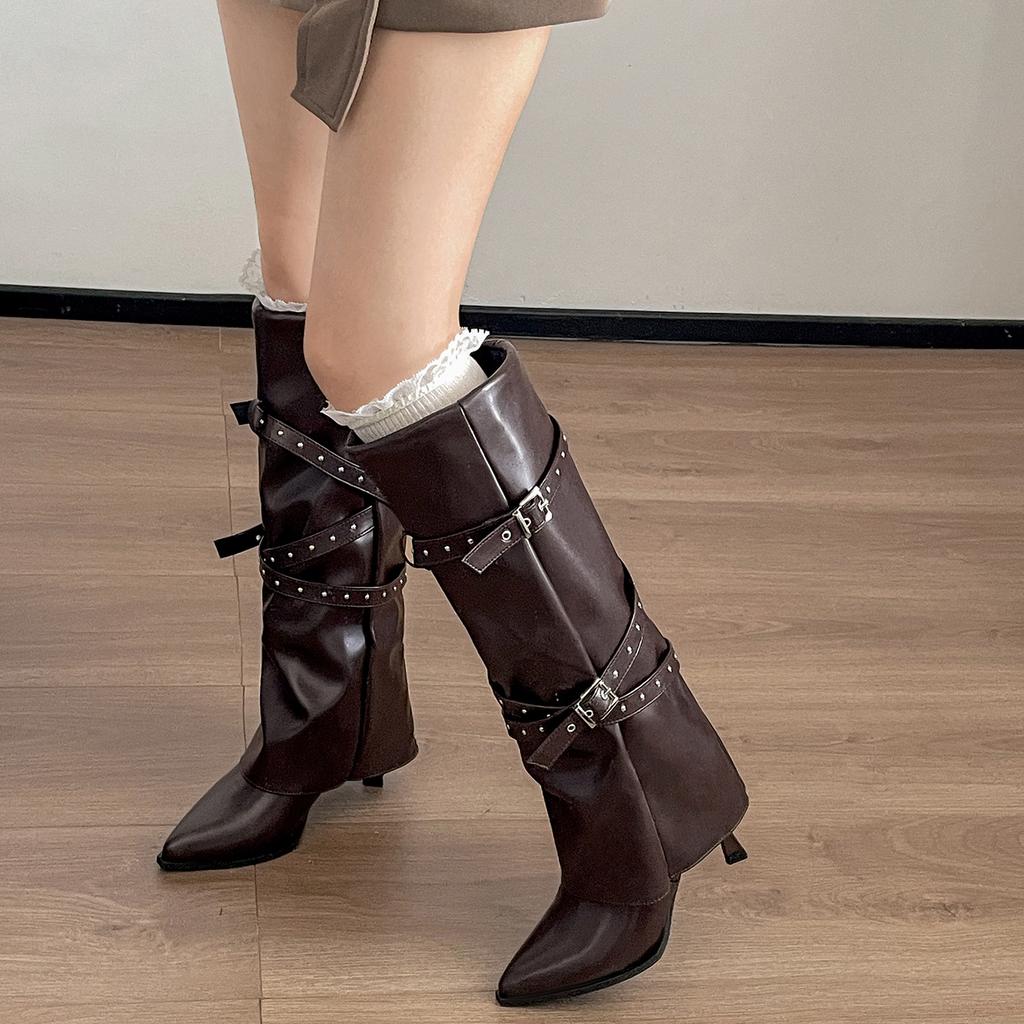 Brown British style but knee pointed stiletto boots women's boots 2025 new autumn retro trouser boots