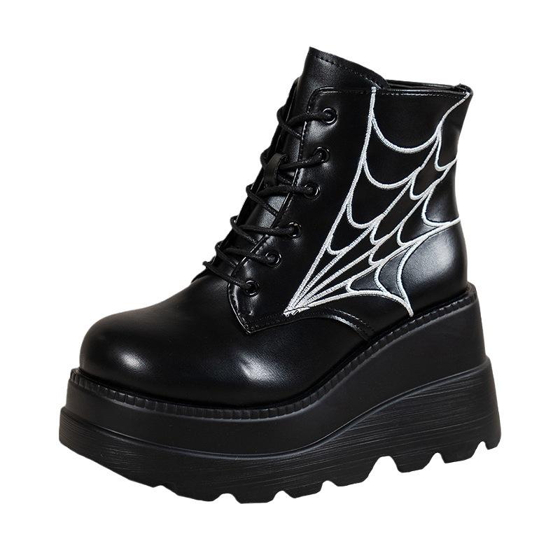 Large Size Spider Web Embroidery Small Punk Boots ins Gothic Lace Up Platform Boots Fashion Women's Boots