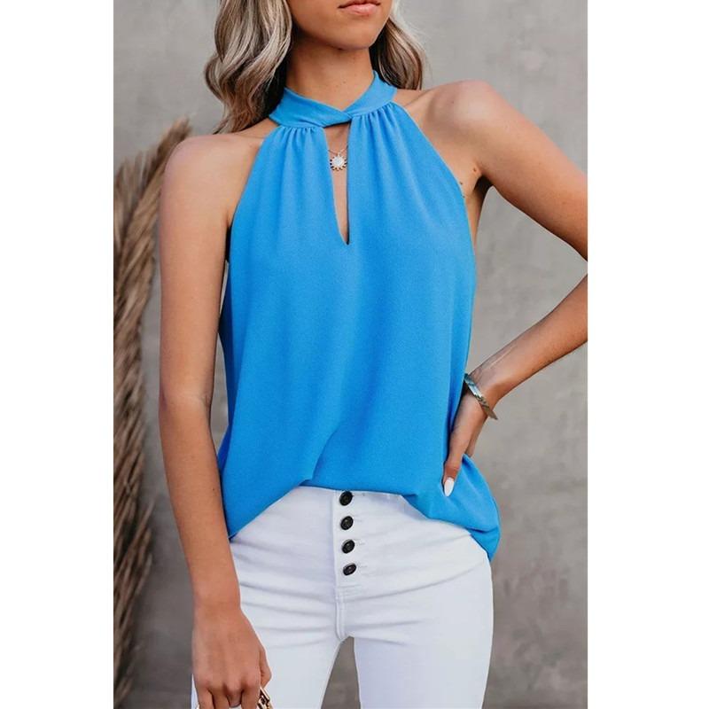 

Летний новый однотонный топ без рукавов на бретелях с круглым вырезом, женский жилет S синий