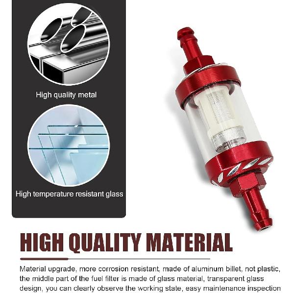 Motorcycles Fuel Filter, 1/4" Inline Fuel Filters, Transparent Tempered Glass Alloy Oil Filter Cup, Universal for ATV, Motorcycles, Dirt Bike (Red)