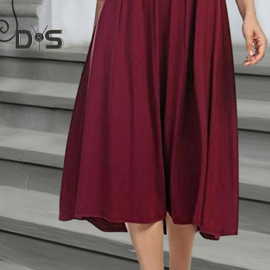 Women's Pleated A-line Midi Dress 3/4 Sleeve Crew Neck Swing Dress Summer Beach Vacation Flowy Sundress