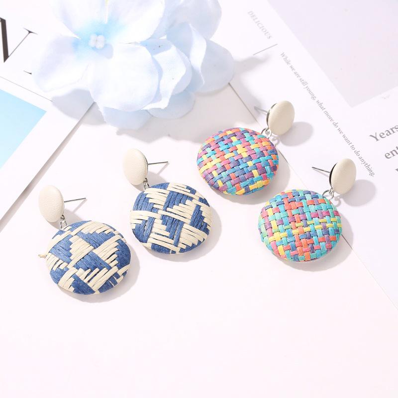 Fashion Boho Retro Button Earrings National Wind Weave Grass Paper Round Earrings Jewelry KTJ