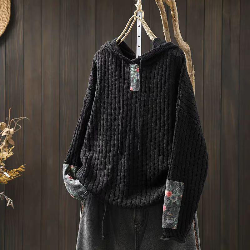Bojiafan Ethnic Style Appliquéd Cotton Drawstring Hoodie - Women's Loose Plus Size Retro Knit Sweater
