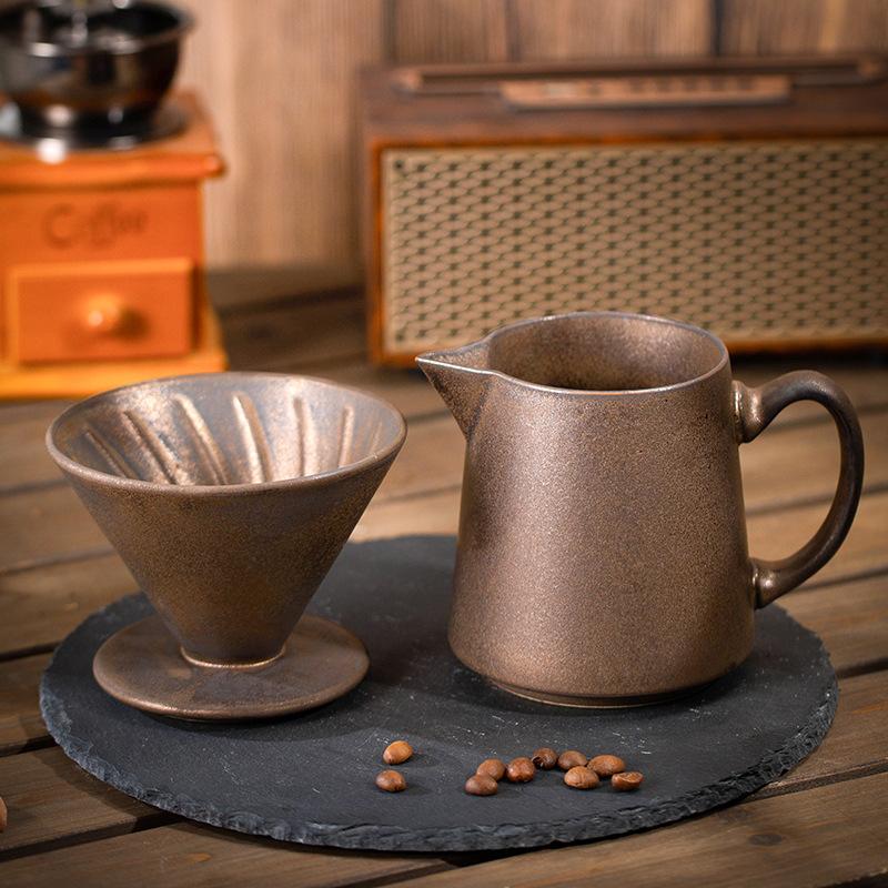 Kreatives Keramik Handaufguss Kaffeekannen-Set Ofengedreht Retro Kaffeefiltertasse Kaffeefilter Sharing-Kanne Heimdekoration