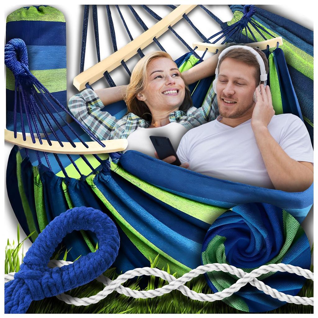 Double Hammock De Gardina 260×150 Cm GALAXIA® Blue Green Wooden Bar Cotton Double Hammock