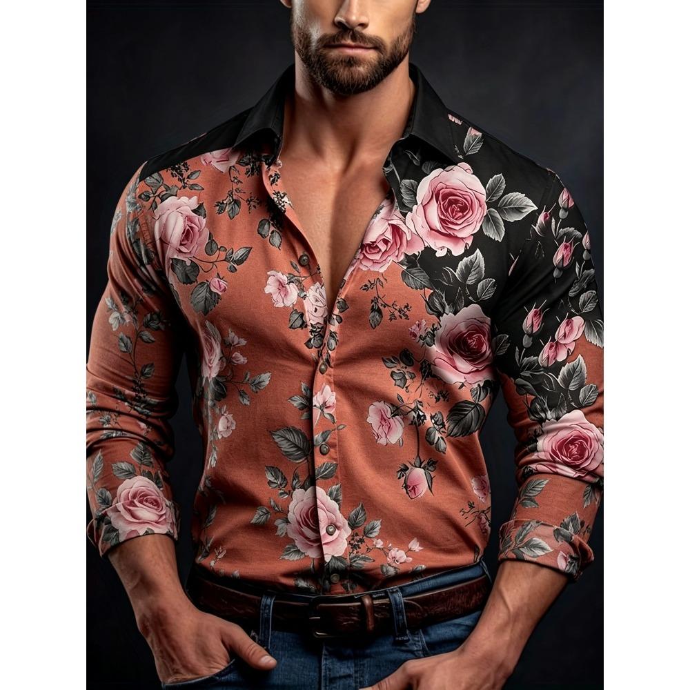 Men's Contrasting Rose Print Long Sleeved Shirt with Slim Fit Collar Shirt for Vacation Parties and Street Fashion Tops