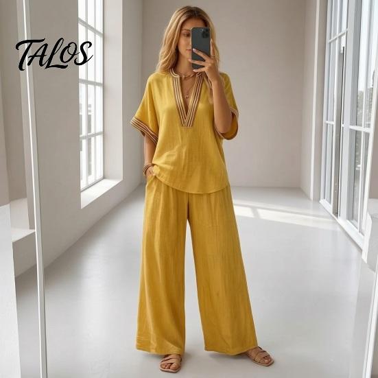 Muskelversteckende Hosen Color Block 2-teilige Sets für Damen, Kurzarm V-Ausschnitt Locker geschnittenes Hemd Damen Oberteil und Weite Hosen Passende Sets, Sommerurlaub