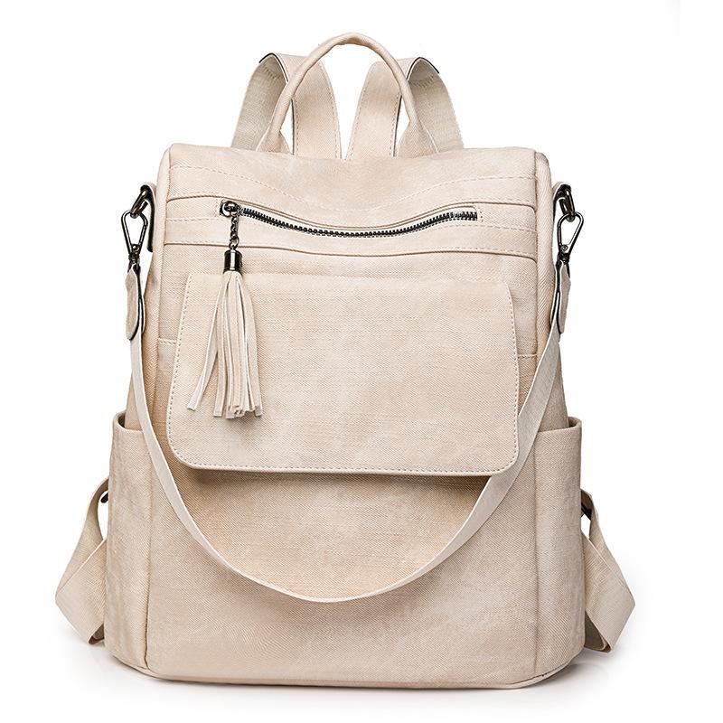 Women's Soft Leather Backpack Large Capacity Student Commuter Schoolbag Tassel Travel Backpack