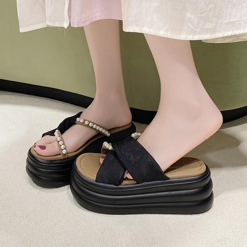 8CM NEW Heels Wedge Slides Sandals Women Casual Outdoor Slippers Female Summer Non Slip Beach Slipper Walking Chunky Shoes Woman