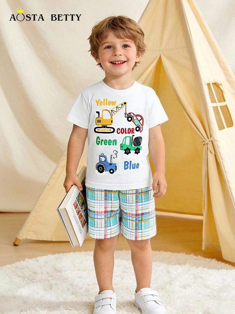 Summer Boys' Short-Sleeve T-shirt & Shorts - European American Style with Car Cartoon Print.