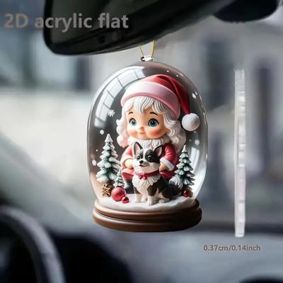 Christmas Ornament 2D Flat Acrylic Hanging Ornament Cartoon Christmas Girl And Dog Pendant for Tree Mantel Door Decor