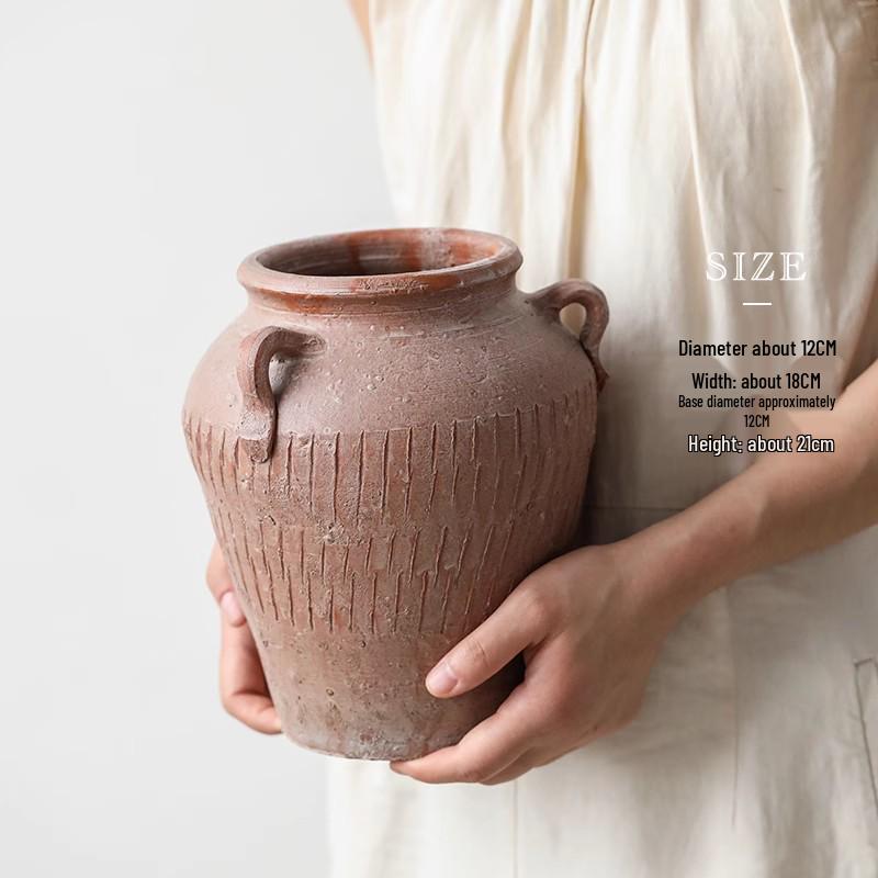 Ручная работа в стиле Ваби-Саби, красный терракотовый ваза с двойными ручками - Ретро грубая керамика для сухих цветов
