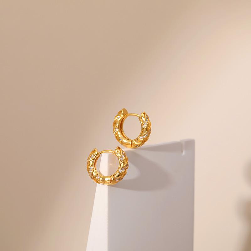 K Real Gold Plated Zircon Inlaid Chic Business Women Ear Hoop Earrings