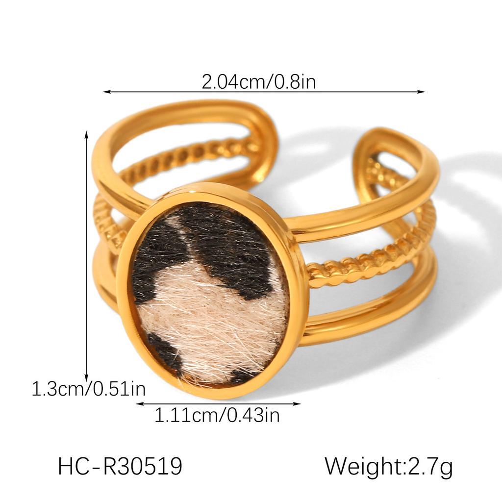 Euro-Amerikaanse stijl geometrische luipaardprint roestvrijstalen open ring voor dames, niet-vervagende titanium stalen ring