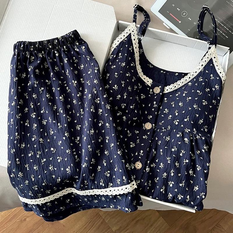 Women's Summer Strappy Sleepwear Set with Padded Bra - Pure Cotton, Round Neck