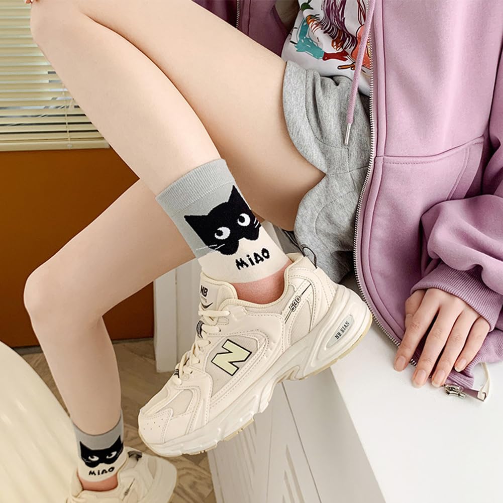 FASELE Crew Cute and Floral Soft Perfect for and All Set Women's Socks, Stylish, Cat, Animal, Print, Breathable, Cotton, Mid-Tube Socks, Spring,