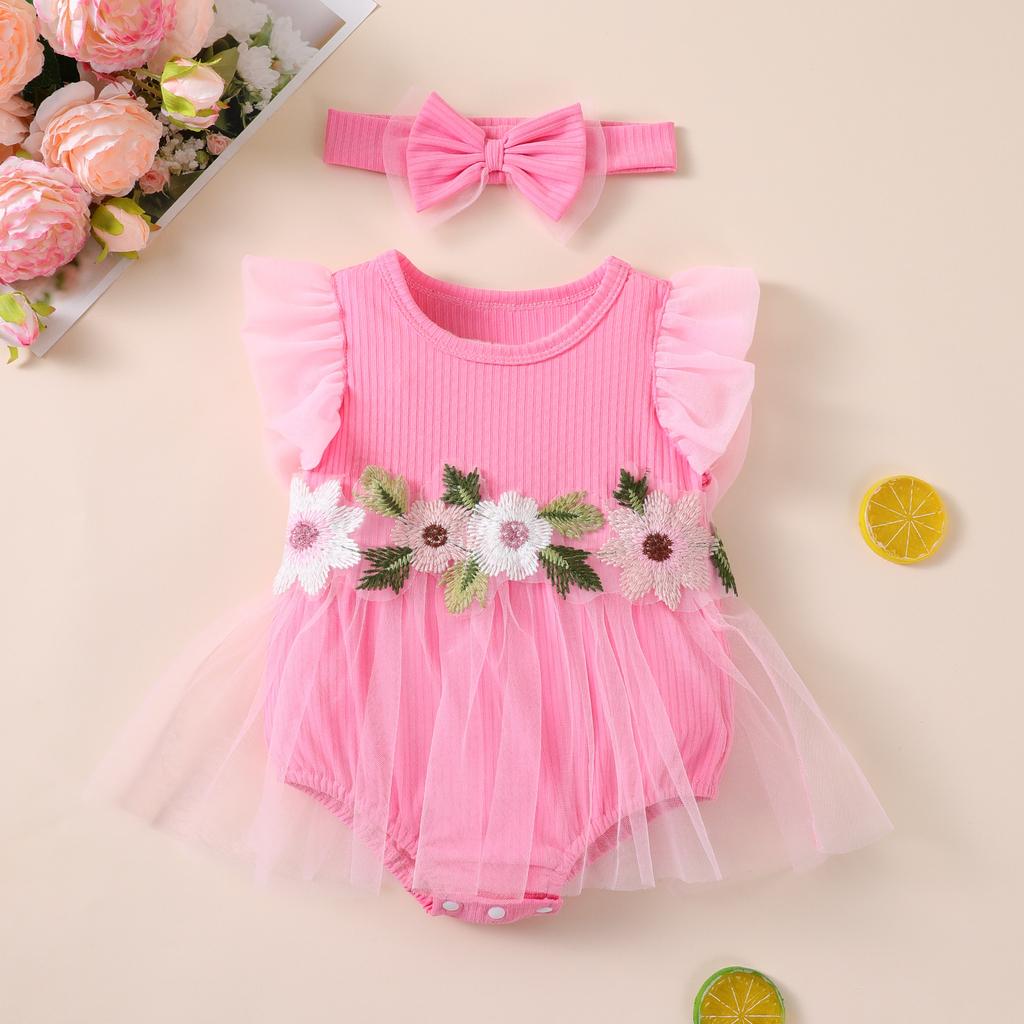 Neues Baby-Mädchen-Netzkleid Stilvoller und niedlicher Jumpsuit mit kleinen Blumen-Flatterärmeln und Haarschmuck-Set