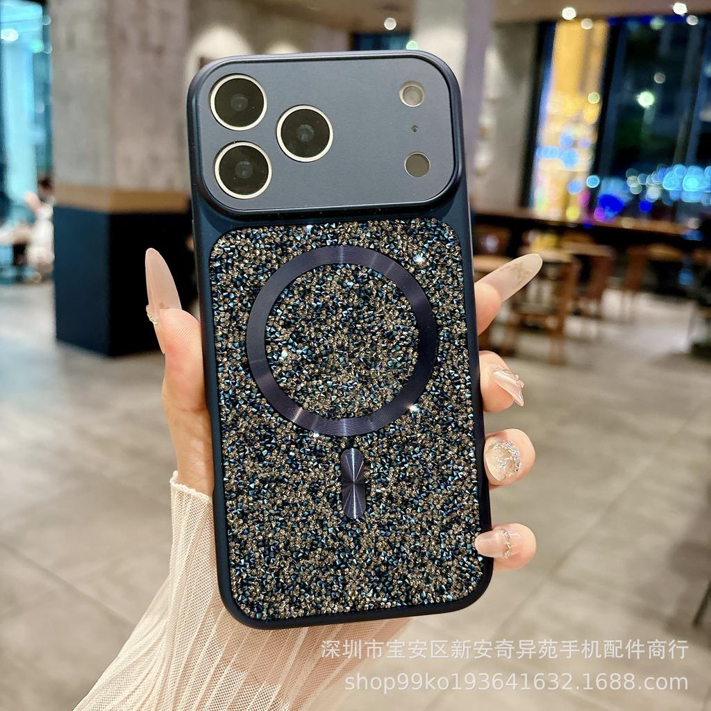 The New Rhinestone Magnetic Protective Case Is Suitable for iPhone17Promax Light Luxury Second Change 17 European and American Apple Mobile Phone Case