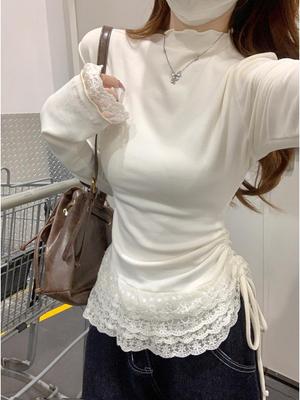T-shirt élégant à manches longues en dentelle, doux et épicé, style coréen: Haut Femme Chic, Amincissant et Polyvalent pour l'Automne/Hiver