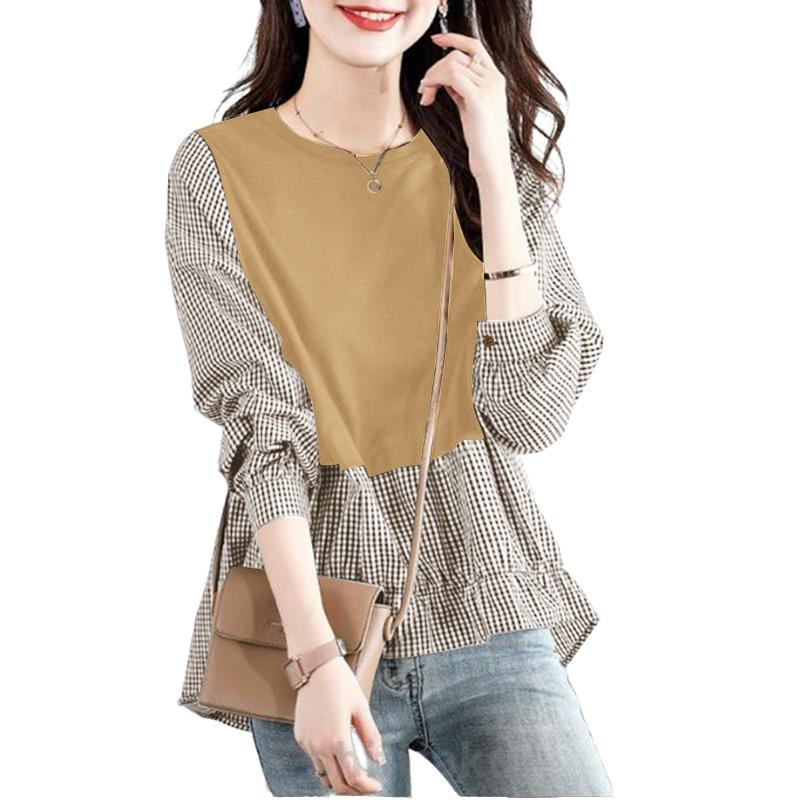 

ZANZEA Женская повседневная блузка с круглым вырезом, клетчатым принтом и длинными рукавами S хаки