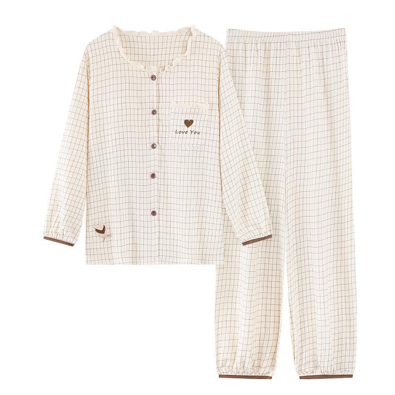 Women's Long-Sleeve Round Neck Pajama Set with Bra Pads, Wearable Outside, Cloud Cotton Loungewear