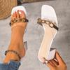 Square Heel Slippers Women Summer New Fashion Square Toe Open Toe Metal Chain Sheer Strap Non-Slip High Heels