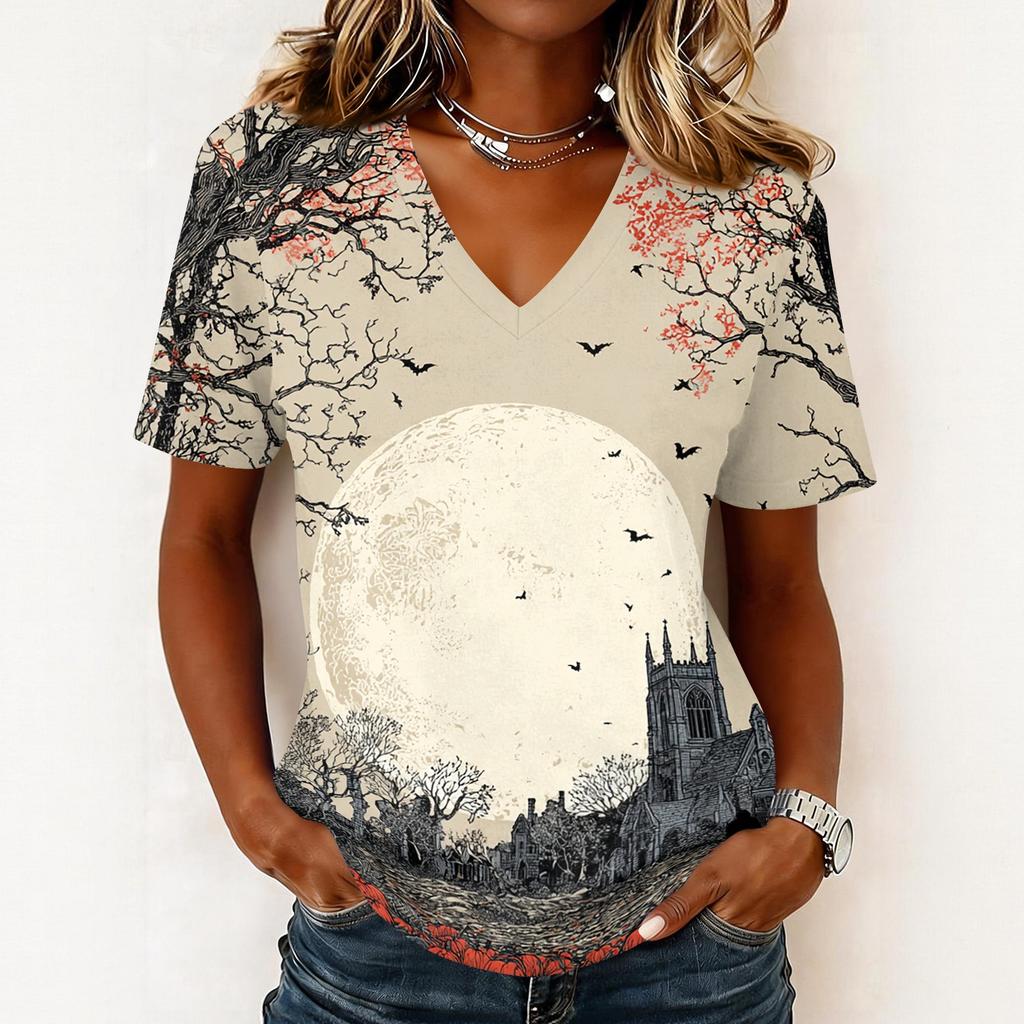 Women's Casual V Neck Pullover Top Halloween Pumpkin Print Short Sleeve Shirt Lightweight Comfortable Fit