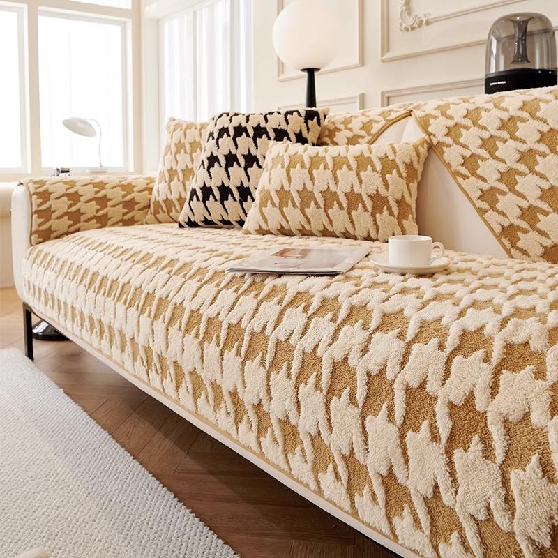 Plush Sofa Cushion  New Thousand Bird Grid Non-Slip Seat Cushion Light Luxury High Sense Three Seats One Princess Sofa Cover