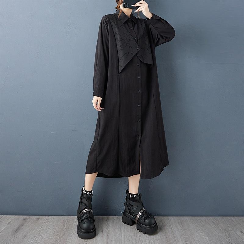 Long sleeve Plus size vintage Black new in dresses for women casual loose Spring autumn shirt dress