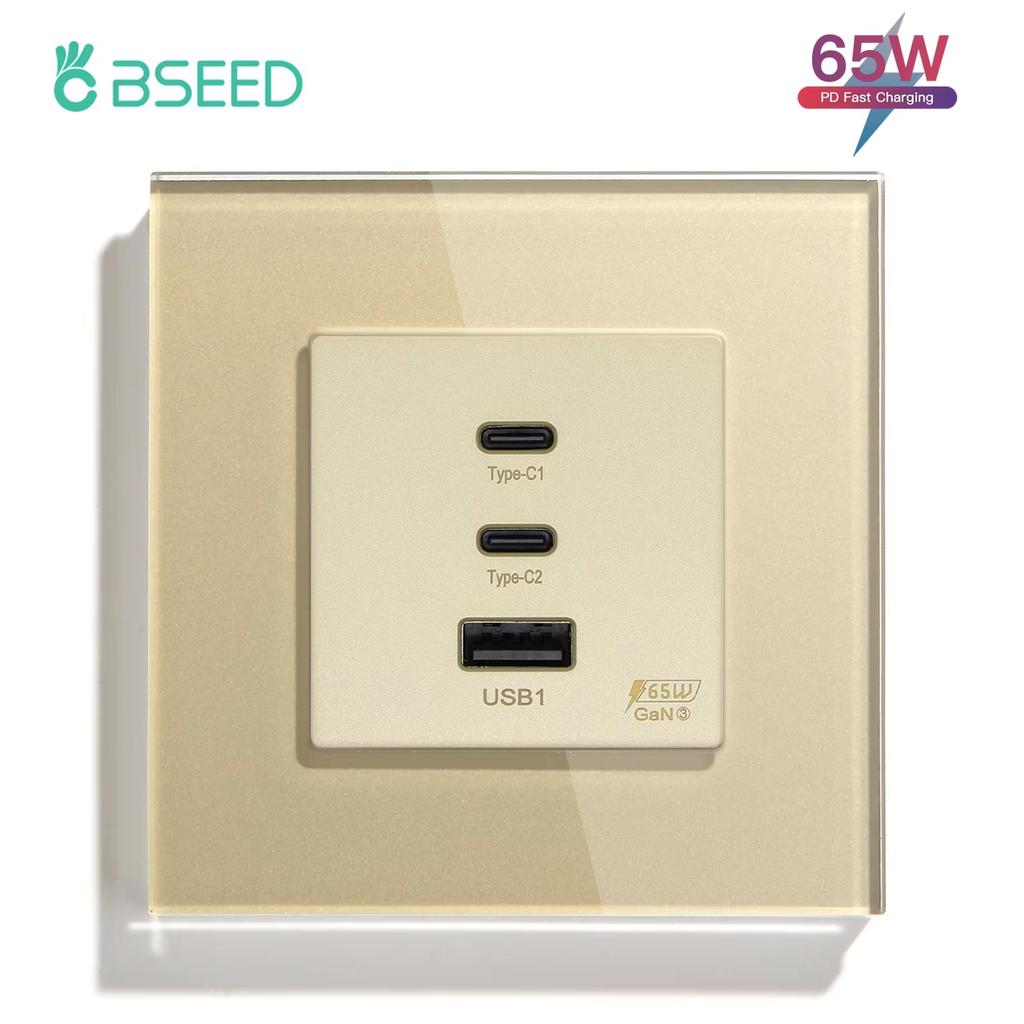 BSEED French Wall Socket 65W Double Type-c USB Sockets Super Fast Charging Ports Electric Power Outlets Crystal Glass Frames
